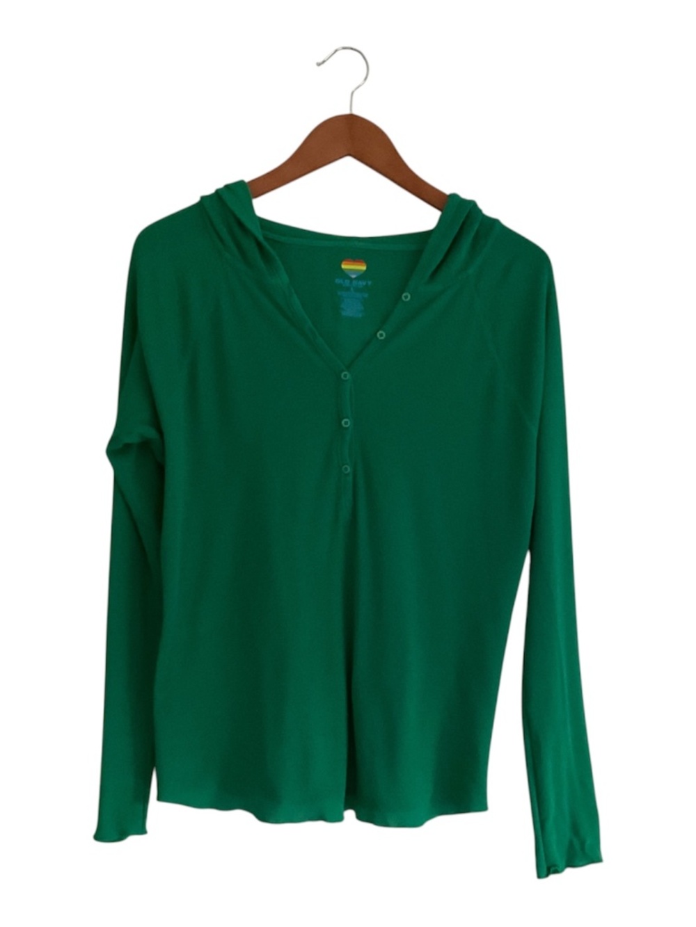 VTG Old Navy Womens Thermal Hooded Henley SzL Kelly Green Waffle Y2K Perfect Fit